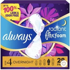 3 Packs Always Radiant Overnight Pads W/ Wings Heavy Absorbency Sz 4 28 Count